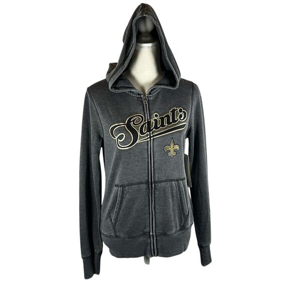 NFL New Orleans Saints Teen Script Full-Zip Distressed Grey Hoodie Size S - Picture 1 of 6